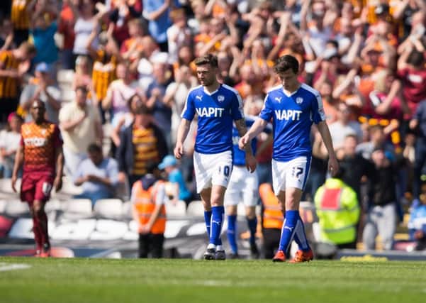Bradford City vs Chesterfield - Jay O'Shea and Connor Dimaio head back towards the centre circle as Billy Clarke doubles Bradford's lead - Pic By James Williamson
