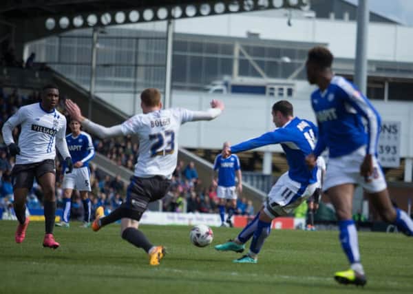 Chesterfield vs Bury - Lee Novak scores Chesterfields second goal - Pic By James Williamson