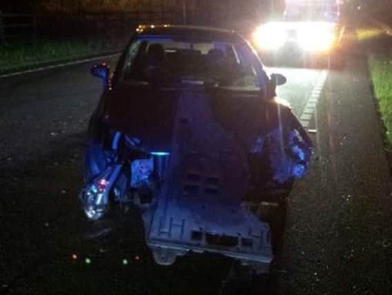 The damaged car. Picture posted by on Twitter by @DerbyshireRPU.