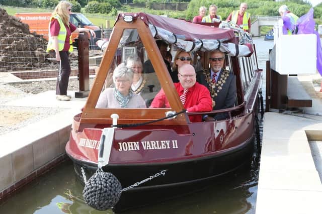 Staveley Basin festival, civic guests including MP Natascha Engel, county council leader Anne Western and the local mayors take the first trip through the new lock