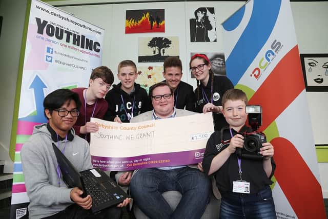YOUTHINC, We Grant: Derbyshire County Councils Deputy Cabinet Member of Childrens Services Councillor Damien Greenhalgh with Derbyshire Youth Council representatives: Lawrence Felipe, Callum Ellis, Ivan Zailac, Oliver Scheidt, Samantha Rose Beecham and Thomas Probert