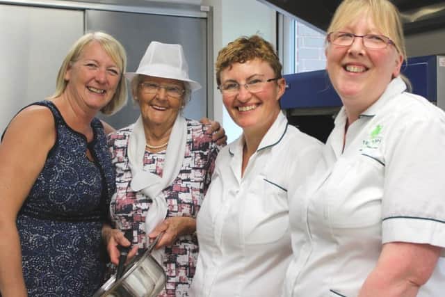 Barbara with Treetops Hospice Care catering staff. Pictured: Mary Shore, Barbara Parkinson, Dawn Jesson and Claire Rigley.