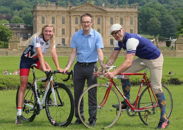 Pictured is British Cycling rider Jessie Walker, Councillor John Owen and Gian Bohan from Eroica Britannia, in front of Chatsworth House, which features in both the Womens Tour and Eroica Britannia.