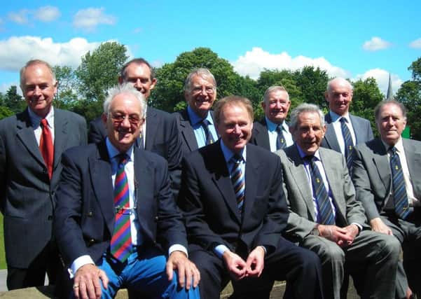 Past players with the Derbyshire President - left to right (back): Peter Gibbs, Harry Cartwright, Jim Brailsford, Edwin Smith, Peter Eyre; (front) Bob Taylor, Nick Owen, Donald Carr, Derek Morgan.