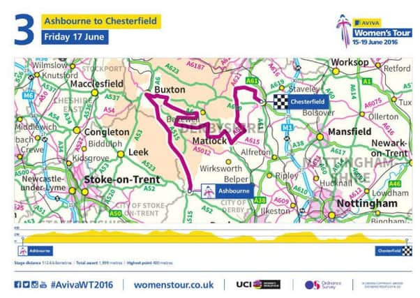 Pictured is the Aviva Women's Tour Stage 3, June 17, race route from Ashbourne to Chesterfield.