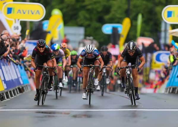 Amy Pieters took the second stage as Wiggle HIGH5 rider Marianne Vos claimed the overall leaders yellow jersey as she sprinted to victory in Stratford at the end of a 140-kilometre stage through Warwickshire.
