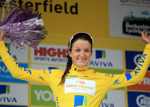 Lizzie Armitstead wins Stage 3 of the Aviva Women's Tour in Chesterfield and also takes the overall leader's Yellow Jersey. Photo: Chris Etchells.