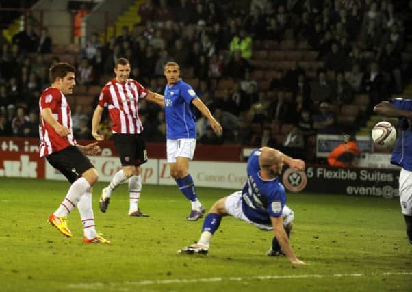 Blades v Chesterfield.....GOAL...Blades Ched Evans hits home the second of his hat-trick goals
