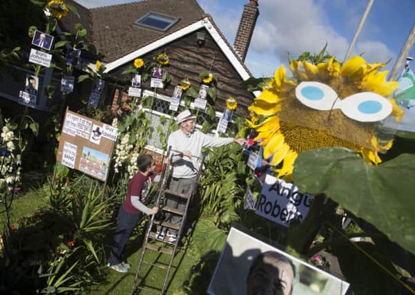 Gardener Ralph Beresford garden is blooming with sunflowers, which are all named after politicians. Photo: Rod Kirkpatrick/F Stop Press.