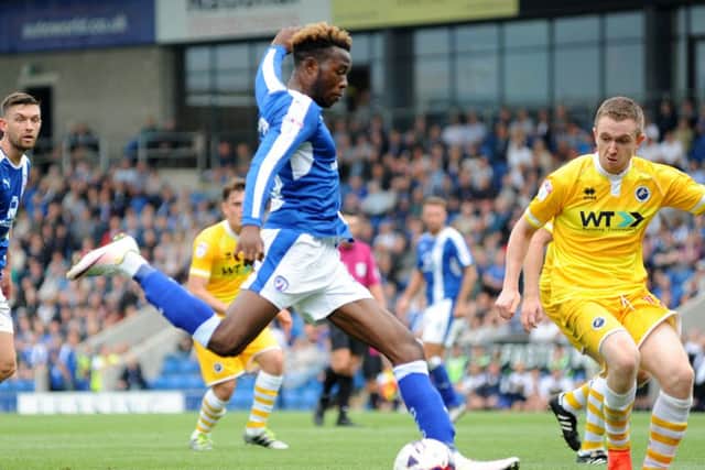 Chesterfield v Millwall.
Gboly Ariyibi shoots at goal in the first half.