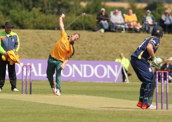 Local lad Jake Ball bowls to Warwickshire's Ian Bell - Pic by: Richard Parkes