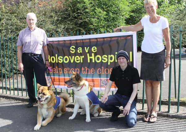 Bolsover Hospital campaign: Therapy dogs Kendo and Sumi with Steve and Bev Deighton and Christian Spray.