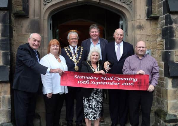 Chairman of Staveley Town Council Helen Elliott with mayor of Chesterfield Steve Brunt, The Duke of Devonshire, Derbyshire county councillors and Staveley town councillors.