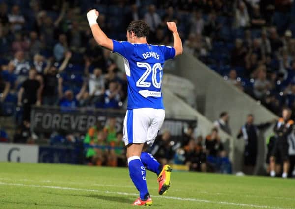 Chesterfield v Wolverhampton Wanderers in the Checkatrade Trophy at the Proact on Tuesday August 30th 2016. Chesterfield player Kristian Dennis celebrates after scoring Chesterfield's 2nd goal. Photo: Chris Etchells