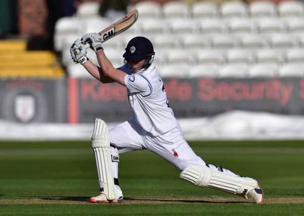Ben Slater following through a drive during Derbyshire County Cricket Club second innings at 3aaa County ground, Derby on 11 May 2015.  Photo: Simon Trafford
