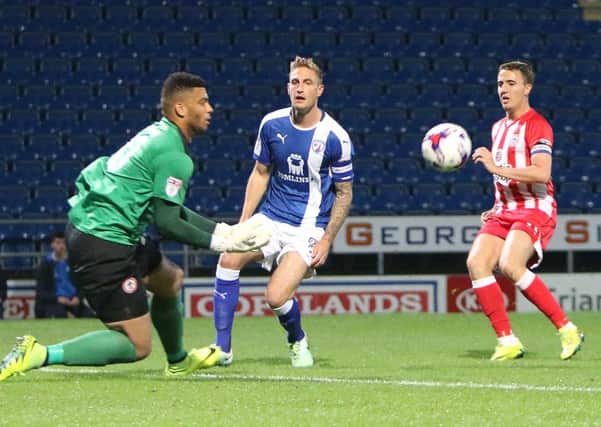 Chesterfield FC v Accrington Stanley, Aaron Chapman saves from Gary Liddle