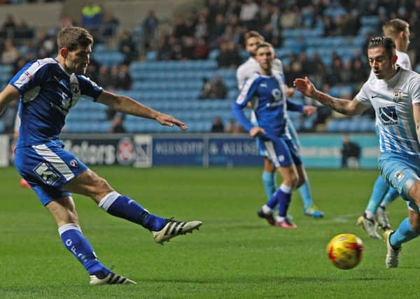 Chesterfield's Ched Evans fires a shot on the Coventry goal. Pic: Howard Roe/AHPIX.com