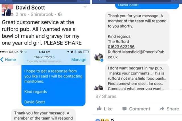 Screenshots show how the pub responded to David's complaint.