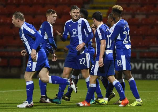 Picture by Howard Roe/AHPIX.com;Football;EFL Trophy;Checkatrade;
Crewe v Chesterfield
08/11/2016 KO 7.45.00pm;Gresty Road ;
copyright picture;Howard Roe;07973 739229

Chesterfield's  celebrate their second goal