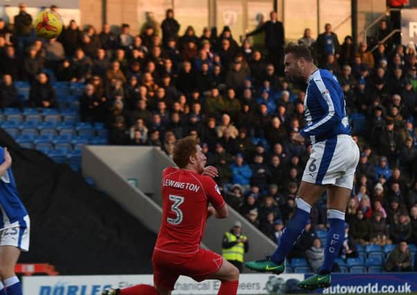 Picture Andrew Roe/AHPIX LTD, Football, EFL Sky Bet League One, Chesterfield v MK Dons, Proact Stadium, 02/01/17, K.O 3pmChesterfield's Ian Evatt has his header cleared off the lineAndrew Roe>>>>>>>07826527594