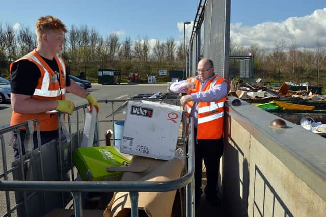 Feature on Bolsover Household Recycling Centre, Coun Dean Collins helps out at the recycling centre