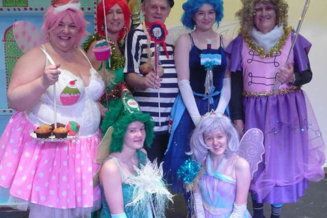 Clare Stokes (Fairy Cakes); Gayle Hazelby (Fairy on Top of the Christmas  Tree); David Allen (Cross Channel Fairy); Lydia Crookes (Fairy Across the Mersey); Patrick Naylor (Fairy Light); front, Stephie Ashmore (Fairy Liquid) and Rebecca Gilson (Fairy Nuff) in Sleeping Beauty.
