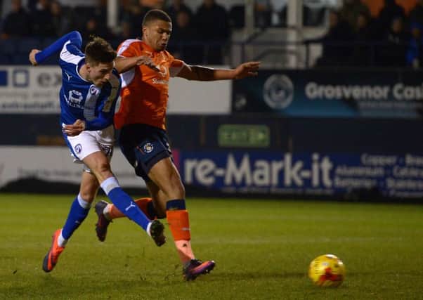 Chesterfield's Jake Beesley has a shot on goal. Pic: Andrew Roe