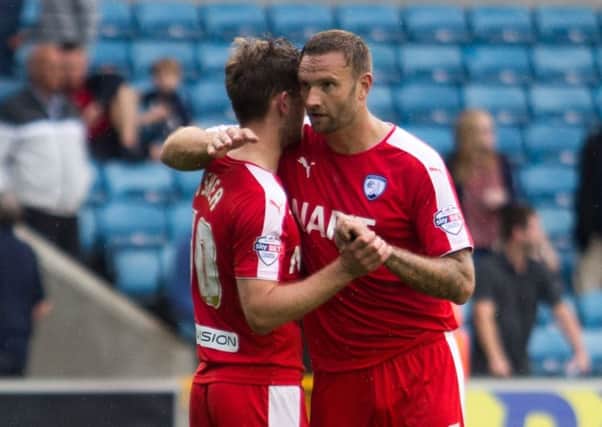 Millwall vs Chesterfield - Jay O'Shea celebrates his second with Ian Evatt - Pic By James Williamson