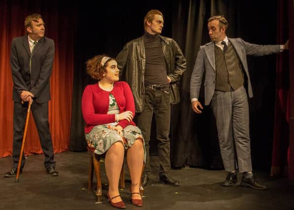 Hasland Theatre Company's production of One Man, Two Guvnors. Pictured left to right are Dave Banks,  Lilly Beards,  James Bryan and  Steve Cowley. Photo by Graham Martin.