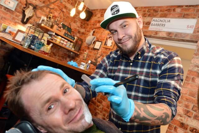 Andy Lakin, Magnolia Barbers Chesterfield shaving reporter Ben McVay.
