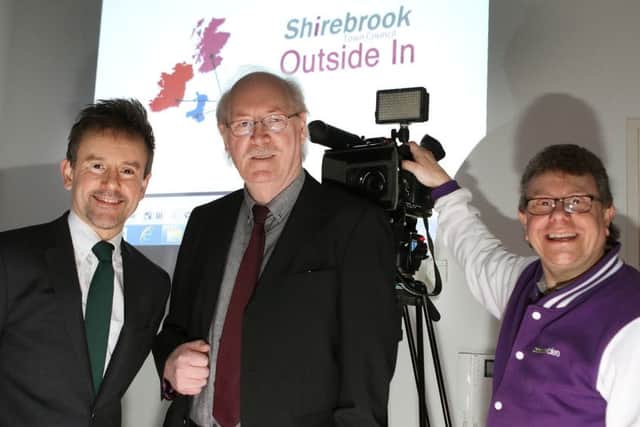 Cllr Steve Fritchley and chief executive Dan Swaine with film maker Martyn Harris at the launch of the Shirebrook film