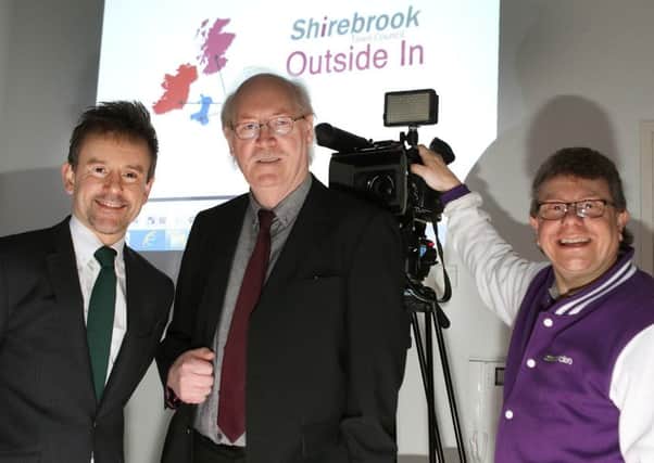 Cllr Steve Fritchley and chief executive Dan Swaine with film maker Martyn Harris at the launch of the Shirebrook film