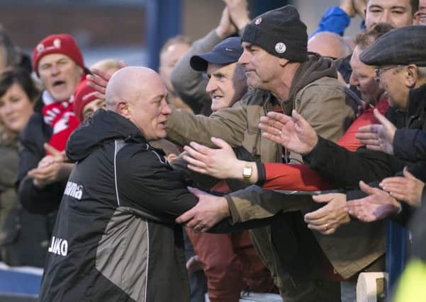 Alfreton Town manager Nicky Law says goodbye to the fans after his last game, a 2-0 win at Gainsborough Trinity. 

Picture: Sarah Washbourn / www.yellowbellyphotos.com