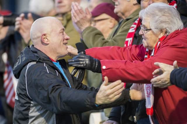 Alfreton Town manager Nicky Law says goodbye to the fans after his last game, a 2-0 win at Gainsborough Trinity. 

Picture: Sarah Washbourn / www.yellowbellyphotos.com