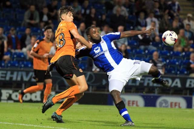 Chesterfield v Wolverhampton Wanderers in the Checkatrade Trophy at the Proact on Tuesday August 30th 2016. Sylvan Ebanks-Blake has a shot at goal for Chesterfield. Photo: Chris Etchells