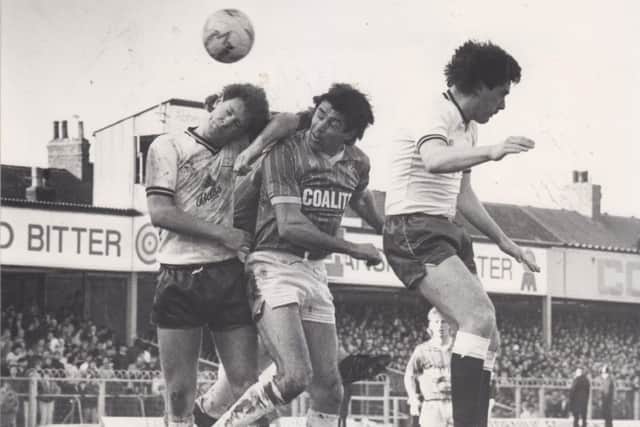 Ernie Moss in action for Chesterfield vs Derby 22 February 1986.