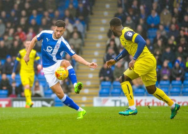 Chesterfield's forward David Faupala (15) takes the ball under control.

Picture by Stephen Buckley/AHPIX.com. Football, League 1, Chesterfield v Oxford United; 25/02/2017 KO 3.00pm 
Proact stadium; copyright picture; Howard Roe; 07973 739229