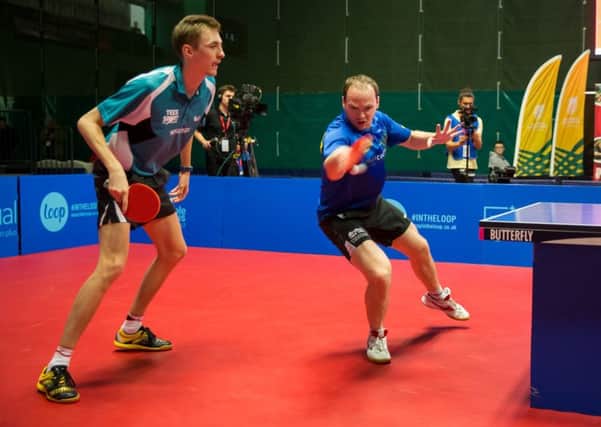 Liam Pitchford (left) in action with Paul Drinkhall on their way to a fifth successive doubles title at the national championships. (PHOTO BY: Alan Man)