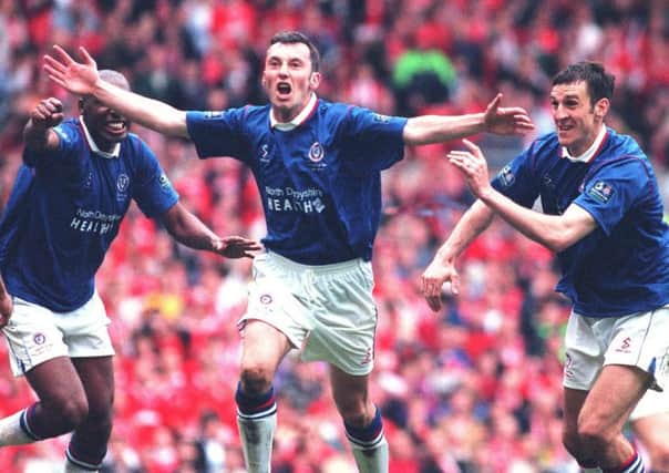 Jamie Hewitt scores the equaliser at Old Trafford in the FA Cup semi-final