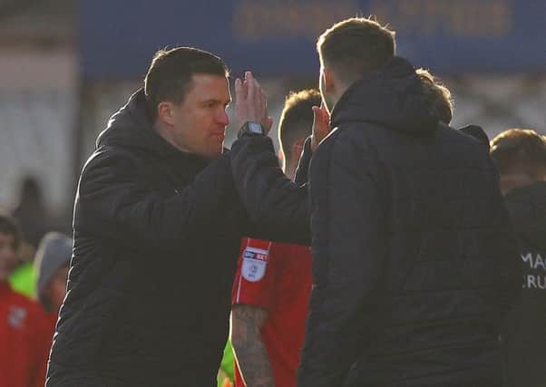 Picture by Gareth Williams/AHPIX.com. Football, Sky Bet League One; 
Swindon Town v Chesterfield; 04/03/2017 KO 3.00pm;  
County Ground; copyright picture;Howard Roe/AHPIX.com
Gary Caldwell celebrates victory for his Chesterfield side at Swindon