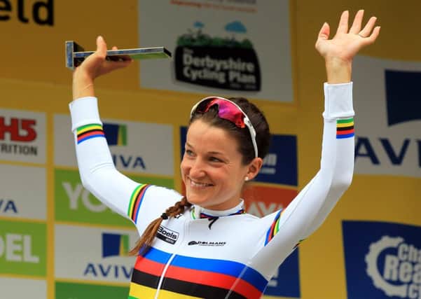 Lizzie Armitstead celebrates her victory in last year's Derbyshire stage of The Women's Tour.