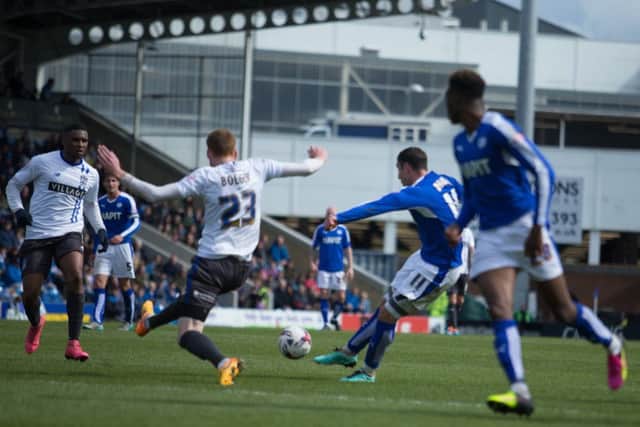 Lee Novak scores for Chesterfield against Bury. Pic By James Williamson