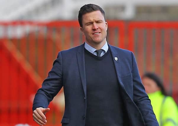 Picture by Gareth Williams/AHPIX.com. Football, Sky Bet League One; 
Swindon Town v Chesterfield; 04/03/2017 KO 3.00pm;  
County Ground; copyright picture;Howard Roe/AHPIX.com
A frustrated Spirites boss Gary Caldwell during the first half at Swindon