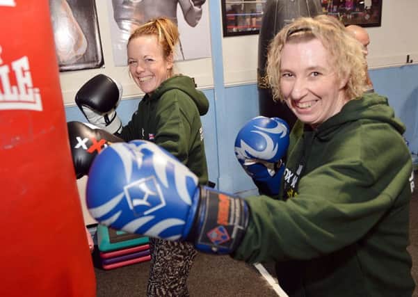 Chesterfield fitness factory members boxing for heroes. jodi Bennett and Cath Marriott.