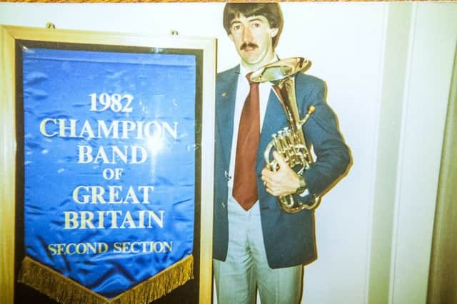 Shirebrook Unison Brass Band member Neil Emson gets an award for 50 years in brass banding. He has played for various bands since 1967 including Gainsborough and the famous Grimesthorpe band. 1982 Rockingham band Barnsley for national finals