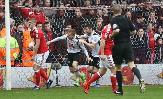 Matej Vydra scores for Derby at Forest. Pic by Mark Fear.