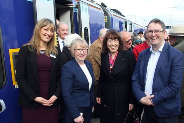 Posing for the cameras to mark the arrival of the first train are.
Sarah Turner East Midland trains, Maggie Throup MP Jessica Lee MP, Paul Maynard MP the rail minister.