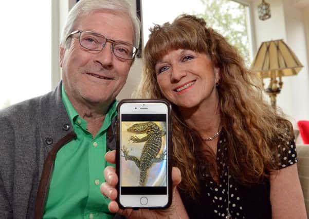 Berni Hughes and husband Kelvin with a photo of the lizard found in the suitcase.