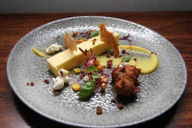 Textures of sweetcorn with bacon popcorn