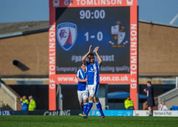 Chesterfield's defender Sam Hird (4) thanks the fans.

Picture by Stephen Buckley/AHPIX.com. Football, League 1, Chesterfield v Port Vale; 08/04/2017 KO 3.00pm 
Proact stadium; copyright picture; Howard Roe; 07973 739229